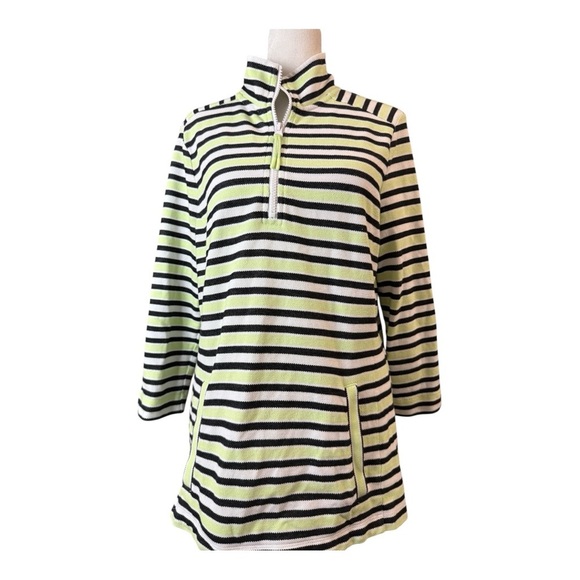 T by Talbots Medium Striped Quarter Zip Pullover - Black Neon Green Jacket - Picture 1 of 8